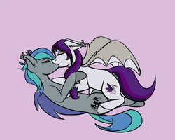 Size: 1000x800 | Tagged: safe, artist:metriccaboose, oc, oc only, oc:sweet hum, oc:swift edge, bat pony, pony, couple, duo, eyes closed, female, kiss on the lips, kissing, love, lying down, male, on back, purple background, simple background, straight, sweetedge