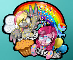 Size: 1187x984 | Tagged: safe, artist:supermare, derpy hooves, pinkie pie, rainbow dash, pegasus, pony, g4, female, mare, muffin