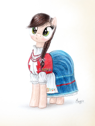 Size: 792x1050 | Tagged: safe, artist:magfen, oc, oc only, oc:kicia, pony, braid, clothes, dress, female, folk costume, mare, poland, signature, simple background, smiling, solo, traditional art, traditional dress, white background