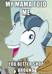 Size: 390x554 | Tagged: safe, dusk drift, party favor, simple sweet, sunny song, pony, g4, exploitable meme, i didn't listen, image macro, male, meme, smokey robinson, solo