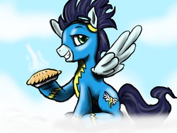 Size: 1024x768 | Tagged: safe, artist:silver-mane1, soarin', g4, backwards cutie mark, goggles, hoof hold, male, pie, sitting, smirk, solo, that pony sure does love pies, wonderbolts uniform