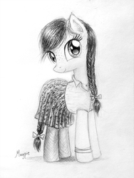 Size: 599x798 | Tagged: safe, artist:magfen, oc, oc only, oc:kicia, earth pony, pony, braid, clothes, female, mare, monochrome, skirt, traditional art