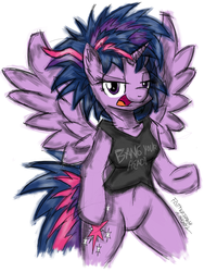 Size: 1000x1327 | Tagged: safe, artist:flutterthrash, twilight sparkle, anthro, semi-anthro, g4, alternate hairstyle, arm hooves, bipedal, bottomless, clothes, female, punklight sparkle, solo, twilight sparkle (alicorn)