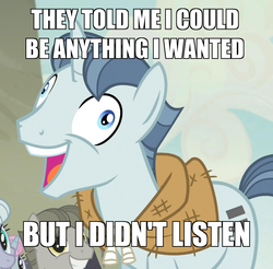 Size: 1098x1080 | Tagged: safe, dusk drift, party favor, simple sweet, sunny song, pony, unicorn, g4, my little pony: friendship is magic, the cutie map, cloak, clothes, exploitable meme, i didn't listen, image macro, male, meme, stallion