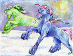 Size: 550x423 | Tagged: safe, artist:marbletoast, ice crystal, tornado (g1), g1, mountain boy ponies, snow