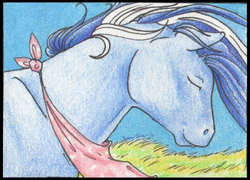 Size: 1026x739 | Tagged: safe, artist:marbletoast, 4-speed, pony, g1, day, eyes closed, grass, head down, male, solo, traditional art