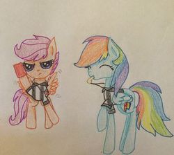Size: 360x322 | Tagged: safe, artist:rainbowrules, rainbow dash, scootaloo, g4, blowing, blowing whistle, football, rainblow dash, referee, referee rainbow dash, referee scootaloo, sports, traditional art, whistle, whistle necklace