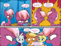 Size: 1022x767 | Tagged: safe, artist:jay fosgitt, edit, idw, applejack, cheerilee, cherry blossom (g4), fluttershy, rarity, g4, comic, implied cheerimac, implied shipping, implied straight, sisters, text edit, twins