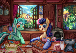 Size: 1222x863 | Tagged: safe, artist:jowyb, bon bon, lyra heartstrings, princess celestia, sweetie drops, bird, pony, g4, apron, baking, baking sheet, bon bon is amused, bon bon's baking cookies girls, bottle, calendar, clothes, cookie, cookie cutter, cookie dough, cooking, cottagecore, cupboard, dough, duo, female, food, interior, lesbian, mare, milk, mountain, open mouth, oven, oven mitts, ponyville, rolling pin, scale, ship:lyrabon, shipping, sink, slice of life, smiling, spoon, toaster, tree, window