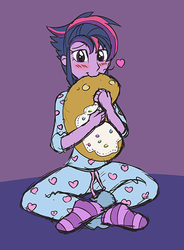 Size: 441x599 | Tagged: safe, artist:caroo, twilight sparkle, equestria girls, g4, alternate hairstyle, blushing, clothes, cute, female, i'm pancake, pajamas, punklight sparkle, sketch, socks, solo, striped socks