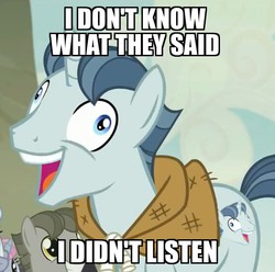 Size: 570x566 | Tagged: safe, dusk drift, party favor, simple sweet, sunny song, pony, unicorn, g4, my little pony: friendship is magic, the cutie map, exploitable meme, horn, i didn't listen, image macro, male, meme, stallion