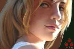 Size: 1024x683 | Tagged: safe, artist:foxvanity, applejack, human, g4, detailed, female, freckles, humanized, portrait, realistic, solo, three quarter view