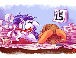 Size: 1400x1075 | Tagged: safe, artist:whitediamonds, applejack, rarity, earth pony, pony, unicorn, rarijack daily, g4, applejack's hat, calculator, calendar, cowboy hat, cup, discussion in the comments, duo, duo female, female, frazzled, glasses, hat, horn, horse taxes, lesbian, mare, messy mane, pencil, rarity's glasses, ship:rarijack, shipping, stressed, tax day, taxes, tea, teacup, wide eyes