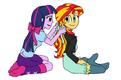 Size: 690x459 | Tagged: safe, artist:catlover1672, sunset shimmer, twilight sparkle, equestria girls, g4, my little pony equestria girls: rainbow rocks, bow, hair bow, missing shoes, twilight sparkle (alicorn)