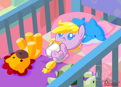 Size: 980x700 | Tagged: safe, artist:great9star, oc, oc only, oc:amethyst reverie, dolphin, pegasus, pony, baby, baby bottle, baby pony, bottle feeding, crib, cute, diaper, foal, milk, toy