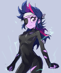 Size: 500x600 | Tagged: dead source, safe, artist:baekgup, twilight sparkle, equestria girls, g4, it's about time, clothes, equestria girls interpretation, female, future twilight, lightning, looking at you, messy hair, metal gear, scar, scene interpretation, simple background, skinsuit, solid sparkle, solo, tight clothing, torn clothes