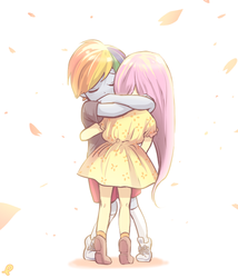 Size: 600x700 | Tagged: safe, artist:quizia, fluttershy, rainbow dash, equestria girls, g4, clothes, comforting, cute, dress, eyes closed, feels, heartwarming, hug, leaves, shyabetes, younger