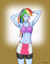 Size: 695x900 | Tagged: safe, artist:donutwish, rainbow dash, equestria girls, g4, armpits, belly button, bra, clothes, crop top bra, female, midriff, multiple variants, purple sports bra, purple underwear, solo, sports bra, underwear