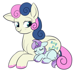 Size: 500x490 | Tagged: safe, artist:lulubell, bon bon, liza doolots, petunia, sweetie drops, tootsie flute, earth pony, pony, unicorn, g4, cuddling, female, lyrabontoots family, magical lesbian spawn, mother and daughter, next generation, offspring, parent:bon bon, parent:lyra heartstrings, parents:lyrabon, simple background, snuggling, transparent background