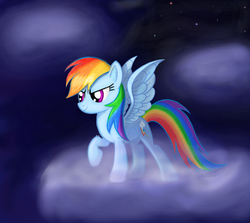 Size: 1550x1380 | Tagged: safe, artist:akerlis, rainbow dash, pegasus, pony, g4, cloud, cloudy, female, looking at something, night, raised hoof, smiling, solo, spread wings, wings