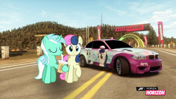 Size: 1280x720 | Tagged: safe, artist:equestianracer, bon bon, lyra heartstrings, sweetie drops, earth pony, pony, g4, bmw, bmw 1-series, bmw 1m coupe, bmw e82, car, female, forza horizon, itasha, lesbian, ship:lyrabon, shipping