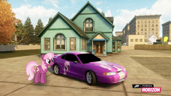 Size: 1280x720 | Tagged: safe, artist:equestianracer, cheerilee, earth pony, pony, g4, car, female, ford, ford mustang, forza horizon, house, itasha, mustang, solo