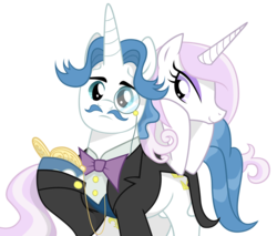 Size: 2000x1700 | Tagged: safe, artist:equestria-prevails, fancypants, fleur-de-lis, pony, unicorn, g4, bowtie, clothes, facial hair, female, frown, hoof hold, leaning, lidded eyes, looking down, male, mare, monocle, moustache, raised hoof, ship:fancyfleur, shipping, simple background, smiling, stallion, standing, straight, transparent background, watch