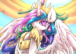 Size: 4093x2894 | Tagged: dead source, safe, artist:lovelyneckbeard, princess celestia, alicorn, pony, g4, beautiful, cute, cutelestia, day, ear fluff, female, hair over one eye, looking at you, mare, smiling, solo