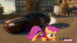 Size: 1024x576 | Tagged: safe, artist:equestianracer, scootaloo, pony, g4, car, city, female, ford, ford mustang, forza horizon, itasha, mustang, solo