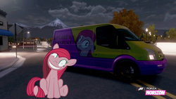 Size: 1280x720 | Tagged: safe, artist:equestianracer, pinkie pie, earth pony, pony, g4, car, female, ford, ford transit, ford transit ssv, forza horizon, itasha, night, pinkamena diane pie, solo, van