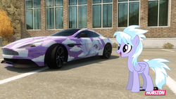 Size: 1280x720 | Tagged: safe, artist:equestianracer, cloudchaser, pony, g4, aston martin, aston martin vanquish, car, city, female, forza horizon, itasha, solo