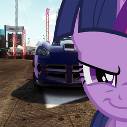 Size: 2000x2000 | Tagged: safe, artist:equestianracer, twilight sparkle, g4, car, dodge (car), dodge viper, female, forza horizon, half face, high res, solo, wrong aspect ratio