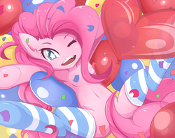 Size: 1500x1188 | Tagged: safe, artist:jinzhan, pinkie pie, earth pony, pony, g4, balloon, belly button, clothes, female, mare, one eye closed, open mouth, smiling, socks, solo, starry eyes, strategically covered, striped socks, tail censor, underhoof, wingding eyes, wink