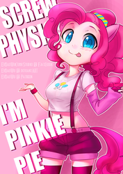 Size: 1600x2266 | Tagged: safe, artist:ermaowu, pinkie pie, human, g4, :p, belly button, blushing, colored pupils, cute, diapinkes, eared humanization, female, humanized, looking at you, midriff, pinkie physics, screw physics, shrug, shrugpony, solo, suspenders, tailed humanization, tongue out
