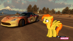 Size: 1280x720 | Tagged: safe, artist:equestianracer, spitfire, pegasus, pony, g4, alternate hairstyle, car, dodge (car), dodge viper, female, forza horizon, highway, itasha, show accurate, solo, srt viper