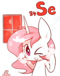 Size: 800x1000 | Tagged: safe, artist:joycall6, part of a set, princess celestia, series:joycall6's periodic table, g4, bipedal, chemistry, female, one eye closed, periodic table, pink-mane celestia, role reversal, selenium, shampoo, shower, solo, wet, window, you had one job