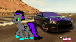 Size: 1280x720 | Tagged: safe, artist:equestianracer, oc, oc only, oc:moonshine, pony, unicorn, car, dodge (car), dodge charger, dodge charger srt8, forza horizon, moonshine, solo