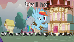 Size: 640x360 | Tagged: safe, edit, edited screencap, screencap, rainbow dash, pegasus, pony, castle sweet castle, g4, female, image macro, implied murder, mare, meme, shovel, solo