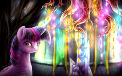 Size: 1920x1200 | Tagged: safe, artist:9de-light6, twilight sparkle, alicorn, pony, castle sweet castle, g4, my little pony: friendship is magic, crying, female, fluffy, glowing, golden oaks chandelier, mare, solo, twilight sparkle (alicorn), twilight's castle