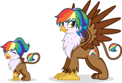 Size: 1024x695 | Tagged: safe, artist:pandamoniyum, oc, oc only, oc:rainbow feather, griffon, blushing, cute, cutie mark, eyes closed, female, interspecies offspring, lesbian, looking at you, magical lesbian spawn, offspring, older, open mouth, parent:gilda, parent:rainbow dash, parents:gildash, raised hoof, ship:gildash, shipping, smiling, spread wings, wings, younger