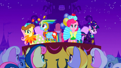 Size: 1366x768 | Tagged: safe, screencap, applejack, bon bon, cloud kicker, fluttershy, grape delight, minuette, pinkie pie, rainbow dash, sweetie drops, twilight sparkle, g4, suited for success, constellation dress