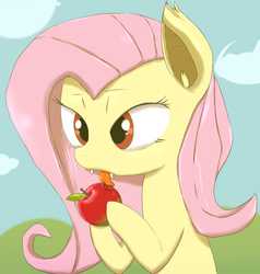 Size: 1191x1251 | Tagged: safe, artist:dambitail, fluttershy, g4, apple, drool, female, flutterbat, licking, race swap, solo, tongue out