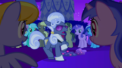 Size: 1366x768 | Tagged: safe, screencap, amethyst star, candy mane, cloud kicker, coco crusoe, doctor whooves, hoity toity, lyra heartstrings, minuette, sea swirl, seafoam, sparkler, time turner, earth pony, pony, g4, suited for success, female, male, mare, stallion