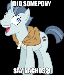 Size: 490x573 | Tagged: safe, party favor, pony, unicorn, g4, my little pony: friendship is magic, the cutie map, black background, exploitable meme, i didn't listen, image macro, male, meme, nachos, simple background, stallion