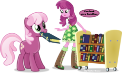 Size: 5055x3013 | Tagged: safe, artist:vector-brony, cheerilee, earth pony, human, pony, equestria girls, g4, book, cheeribetes, cute, female, human ponidox, looking at each other, mare, mouth hold, self ponidox, simple background, transparent background, vector