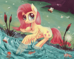 Size: 1799x1419 | Tagged: safe, artist:mapony240, fluttershy, bee, fish, g4, female, river, solo, starry eyes