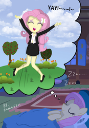 Size: 2313x3315 | Tagged: safe, artist:sumin6301, fluttershy, pegasus, pony, equestria girls, g4, belly button, business suit, clothes, dream, dress shirt, eyes closed, female, happy, high res, mare, onomatopoeia, shirt, skirt, skirt suit, sleeping, solo, sound effects, square crossover, suit, yay, zzz