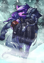 Size: 1050x1500 | Tagged: safe, artist:atryl, diamond tiara, silver spoon, earth pony, anthro, unguligrade anthro, apple bloomers, g4, cloak, clothes, eyes closed, female, one eye closed, open mouth, snow, snowfall, tree, winter