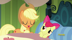 Size: 1260x702 | Tagged: safe, screencap, apple bloom, applejack, bloom & gloom, g4, bed, discovery family, discovery family logo