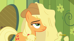 Size: 853x478 | Tagged: safe, screencap, applejack, bloom & gloom, g4, blanket, female, solo, unamused